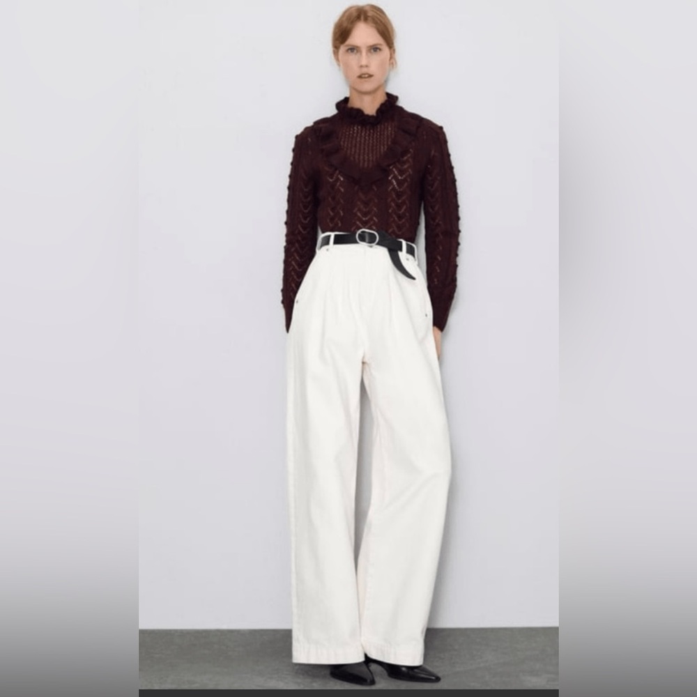 Blogger’s Fav!
Zara Ruffle mock neck Knit Crochet Pom Pom Sweater EUC-SzM-Wine​